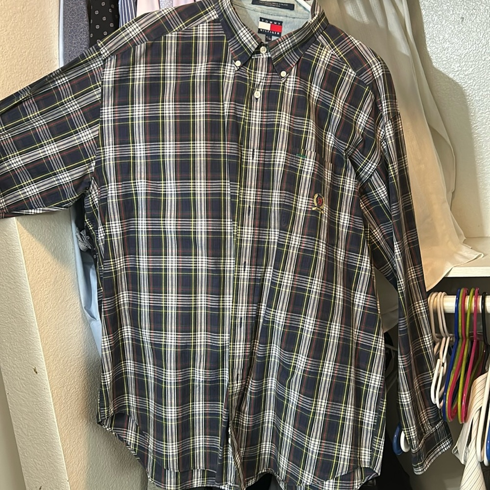 Mid 1980’s XL Tommy Hilfiger vintage multicolor plaid navy shirt